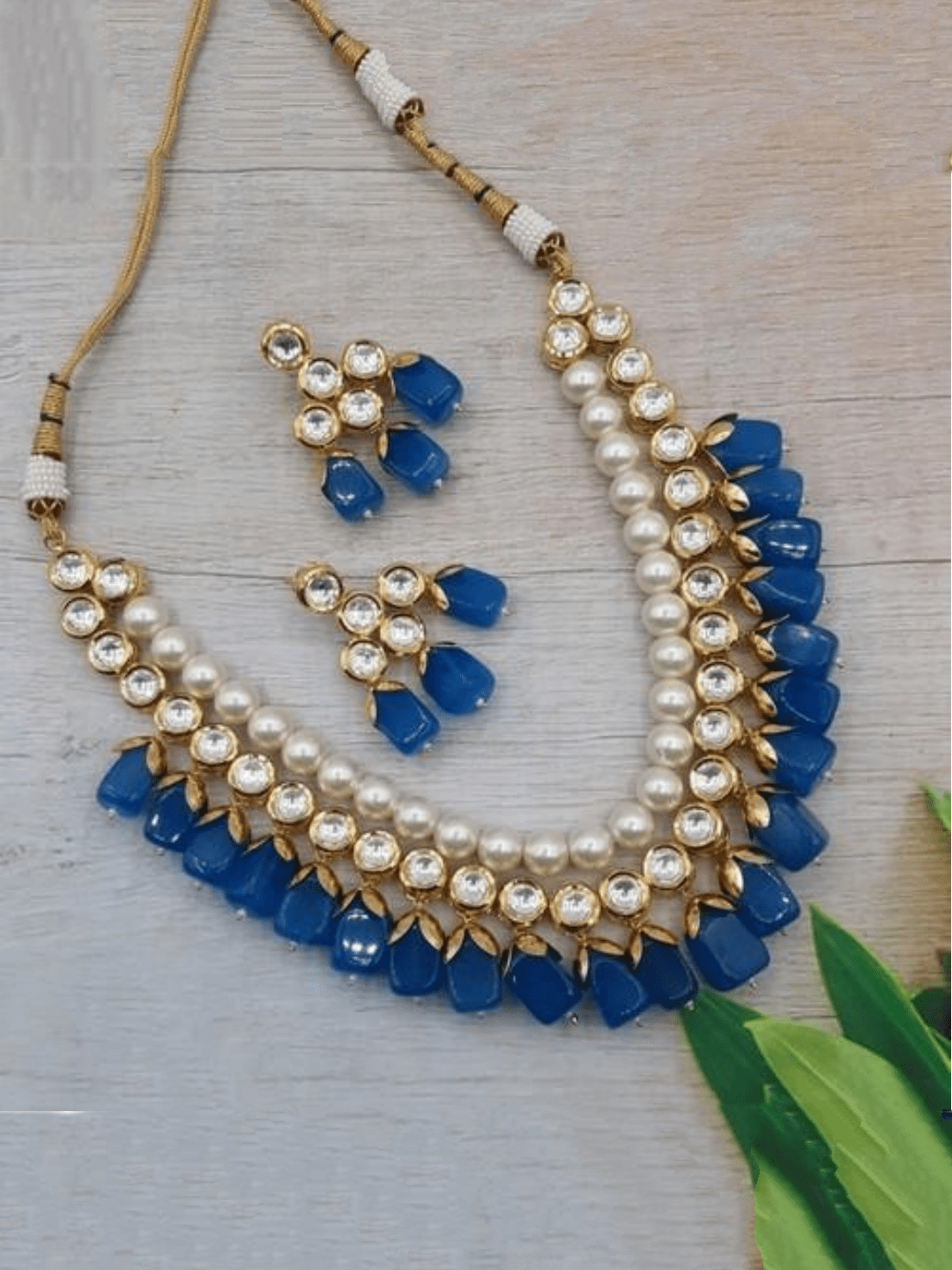 Ishhaara Blue Moti Kundan Beads Necklace Set