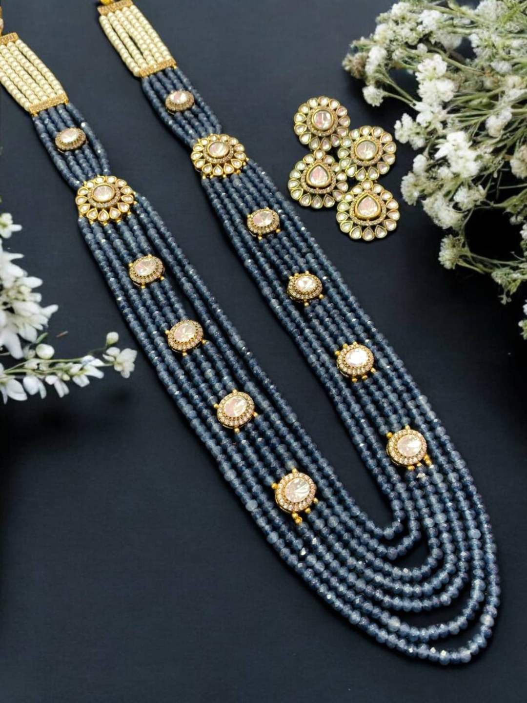 Ishhaara Blue Multi Layered Beaded Kundan Polki Long Necklace