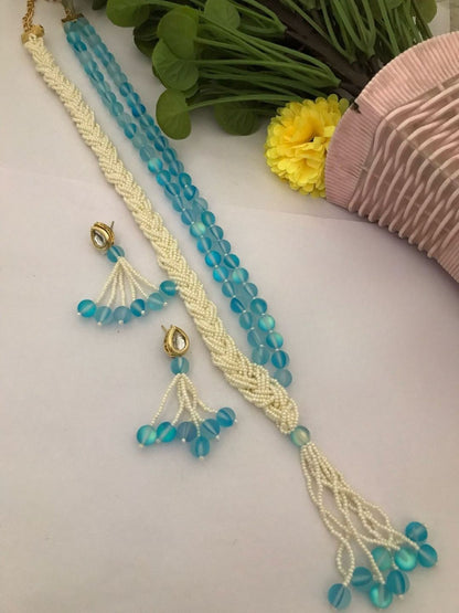 Ishhaara Blue Multi Layered Pearl Embedded Necklace Set