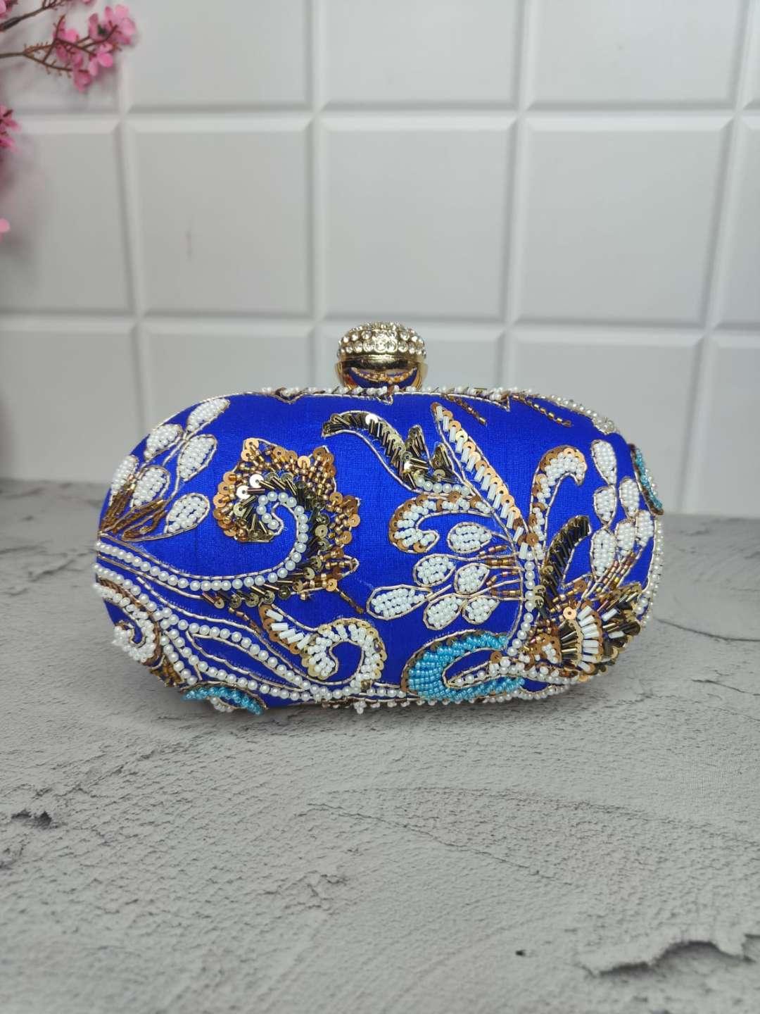 Ishhaara Blue New Design Embroidery Oval Clutch