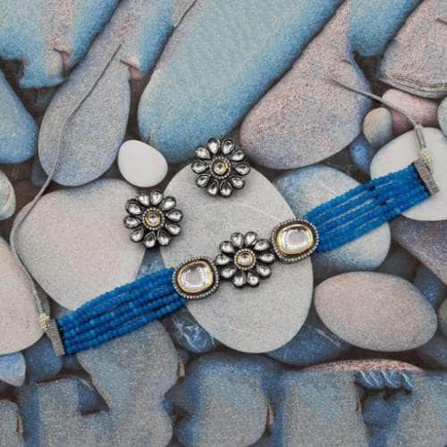 Ishhaara Blue Onex Flower Ad Kundan Choker Necklace Set