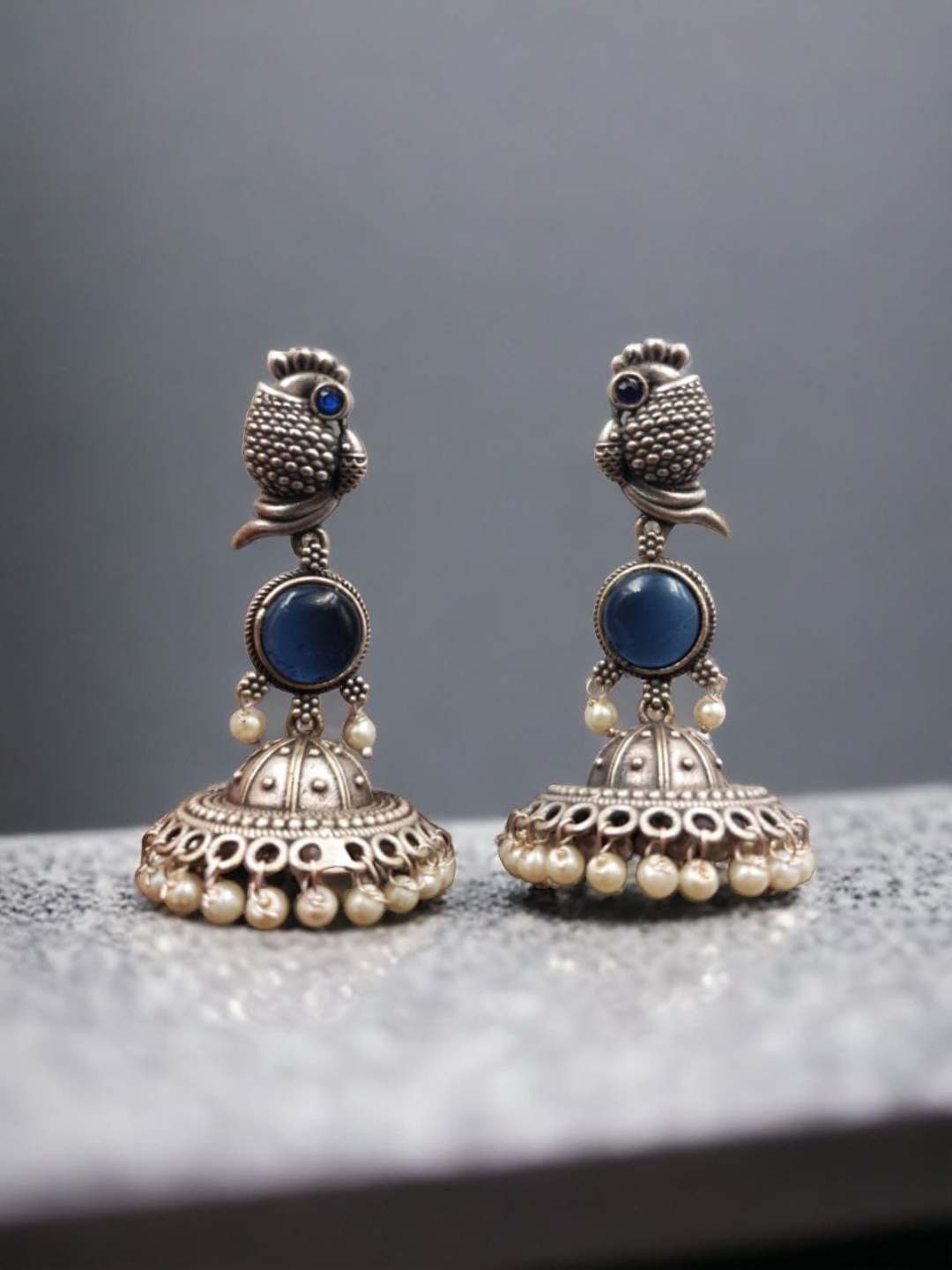 Ishhaara Blue Peacock Silver Oxidised Traditional Jhumka Earings