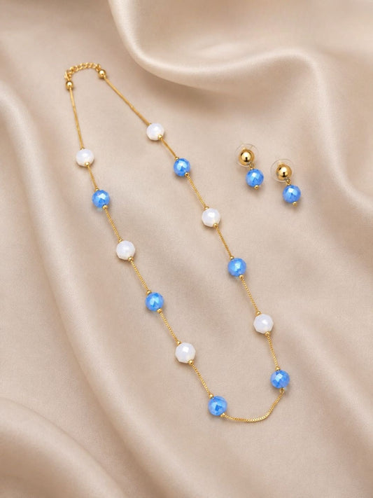 Ishhaara Blue & Pearl Beaded Chain Necklace & Earring Set