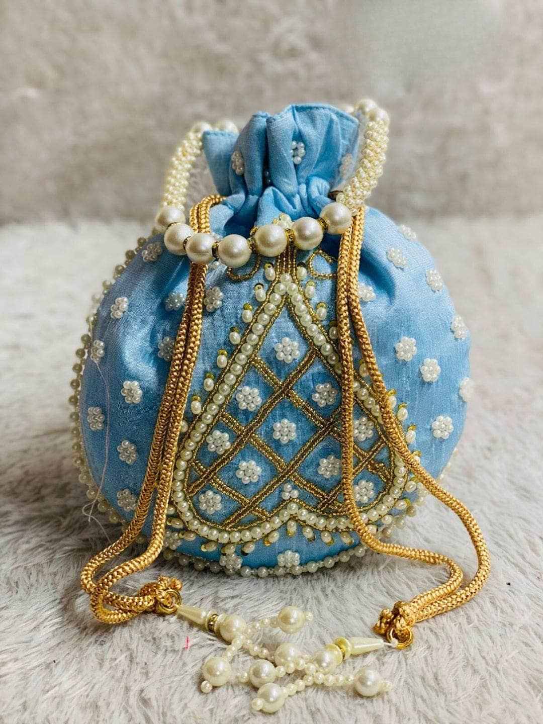 Ishhaara Blue Pearl Beaded Potli Bags