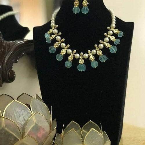 Ishhaara Blue Pearl Split Melon Beads Necklace Set