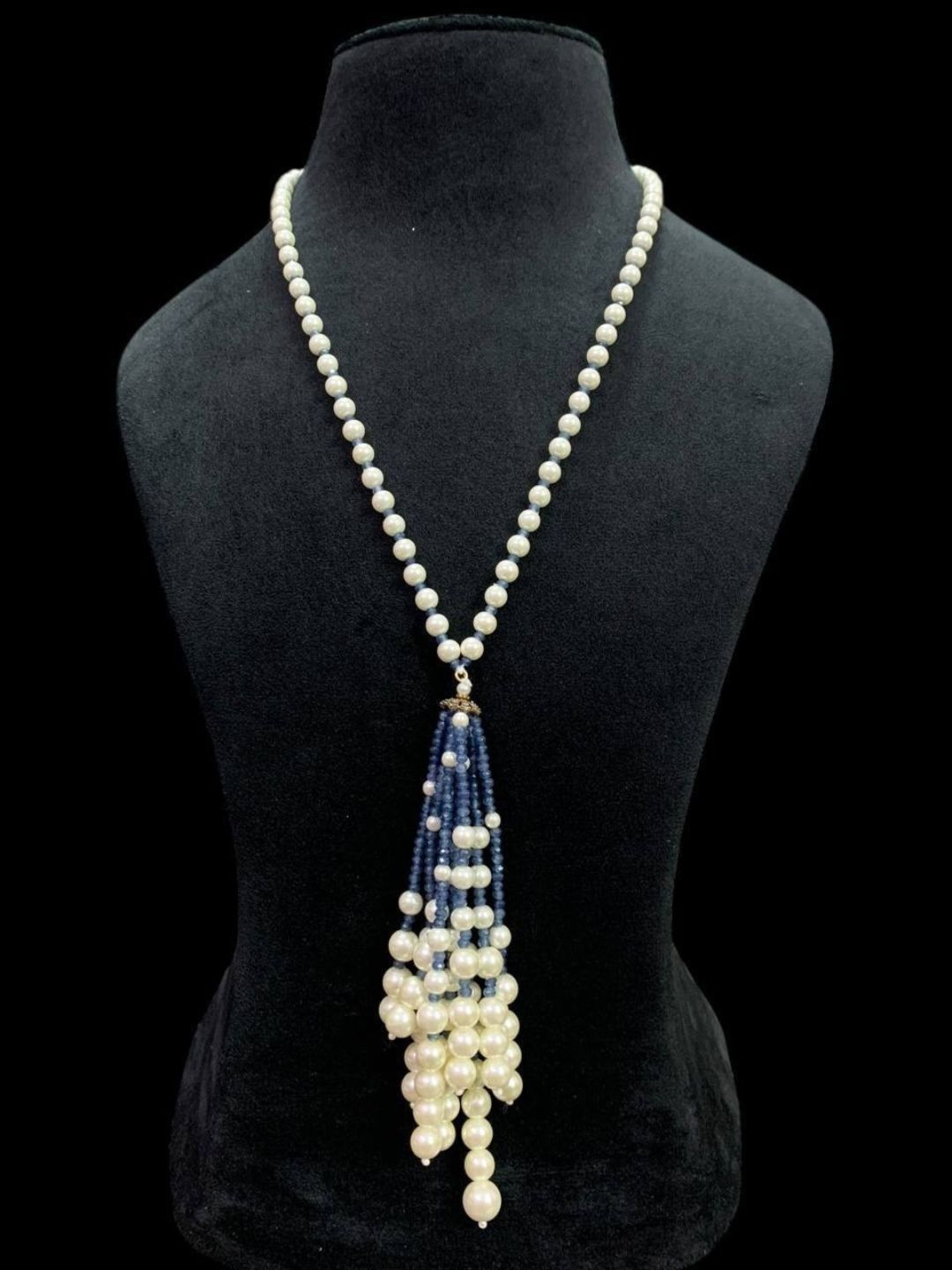 Ishhaara Blue Pearl Studded Tassel Pendant