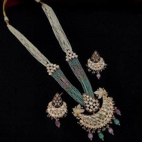 Ishhaara Blue Polki Pendant Set With Chid Bunches