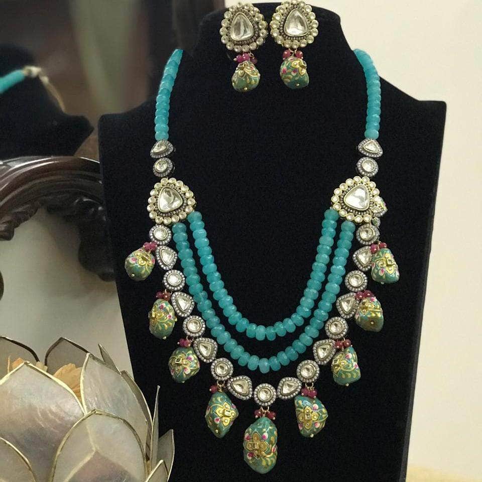 Ishhaara Blue Polki Side Patch Layered Necklace
