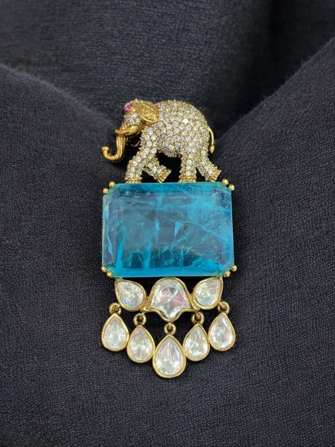Ishhaara Blue Polki Uncut Diamond Elephant Brooch