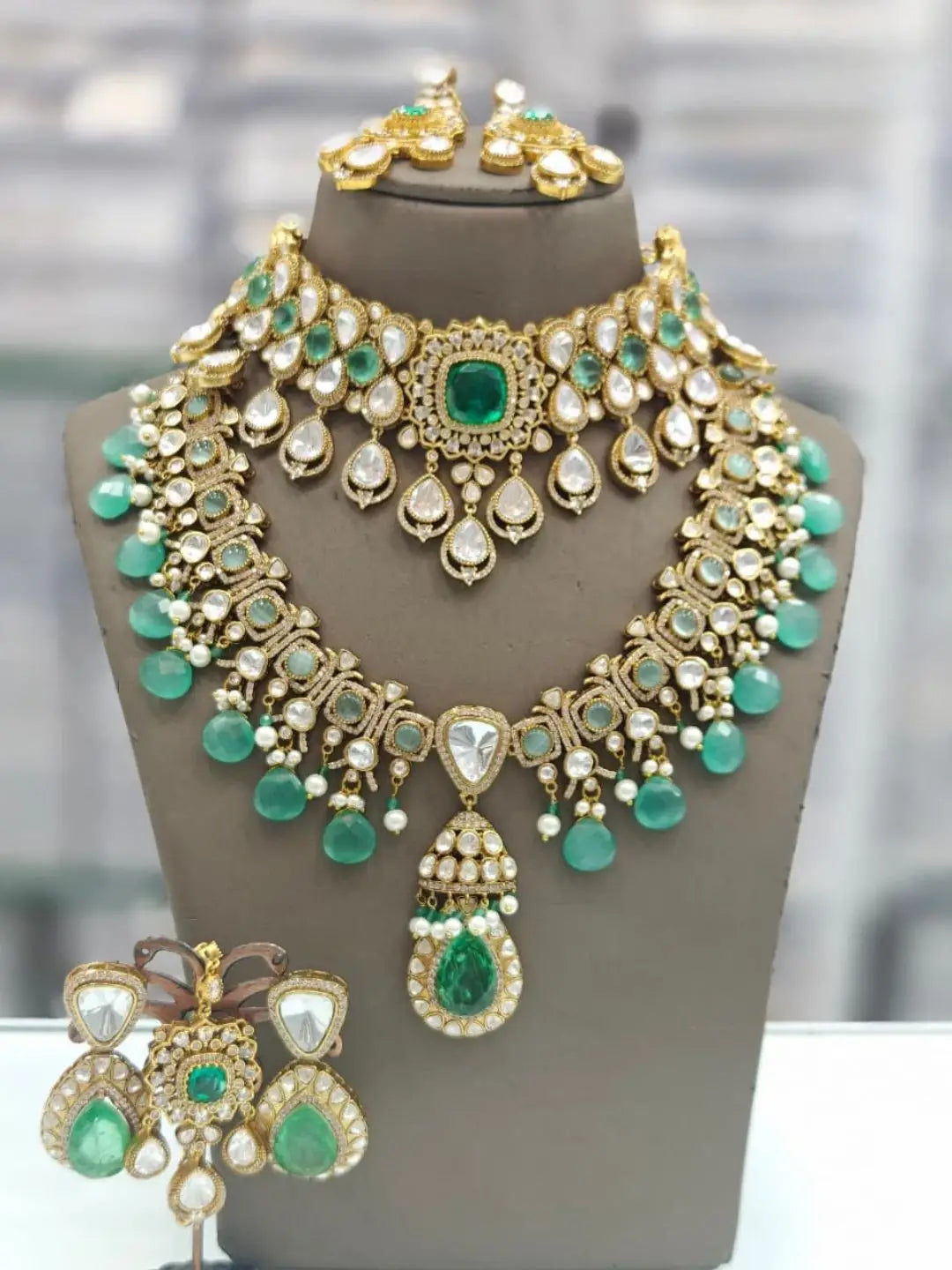 Ishhaara Blue Rajsthani Gold Plated Polki Kundan Choker And Long Necklace