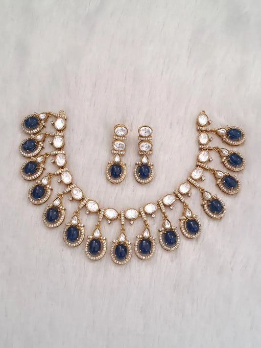 Ishhaara Blue Rajwadi Crystal And Austrian Stone Necklace Set