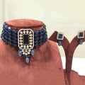Ishhaara Blue Rectangular Stone Pendant Choker Necklace Set