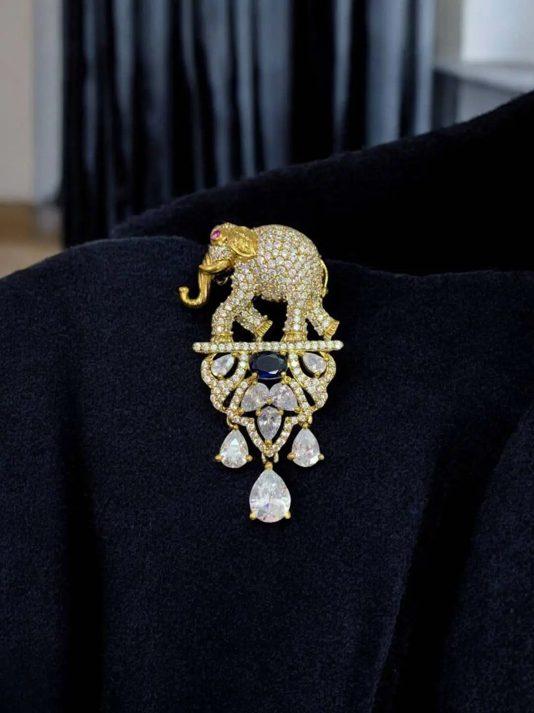 Ishhaara Blue Regal Victorian Elephant Motif Groom Brooch