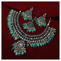 Ishhaara Blue Rodium Drip Pendant Kundan Necklace Earring And Teeka Set
