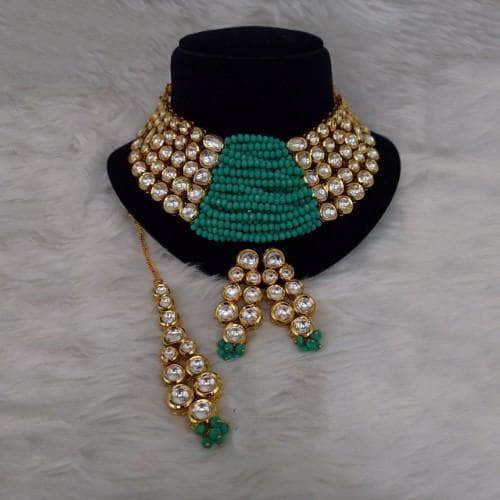 Ishhaara Blue Side Kundan Centre Beads Necklace Earring And Teeka Set