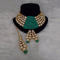 Ishhaara Blue Side Kundan Centre Beads Necklace Earring And Teeka Set