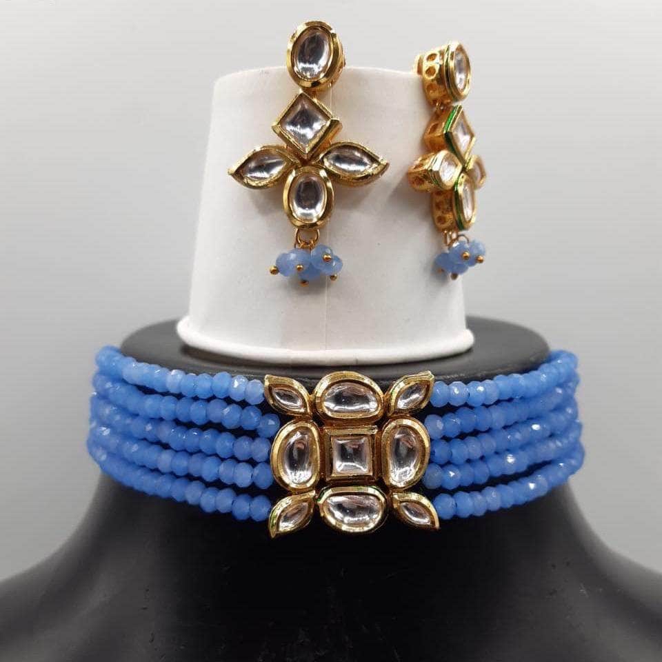 Ishhaara Blue Simple Sqaure Patch Onex Choker Necklace Set