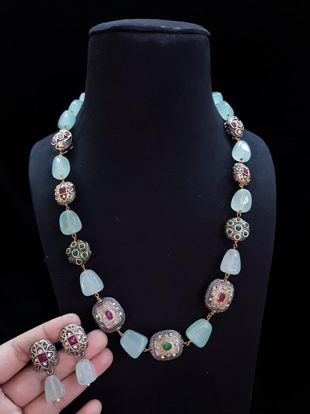 Ishhaara Blue Stone Beaded Necklace With Earrings