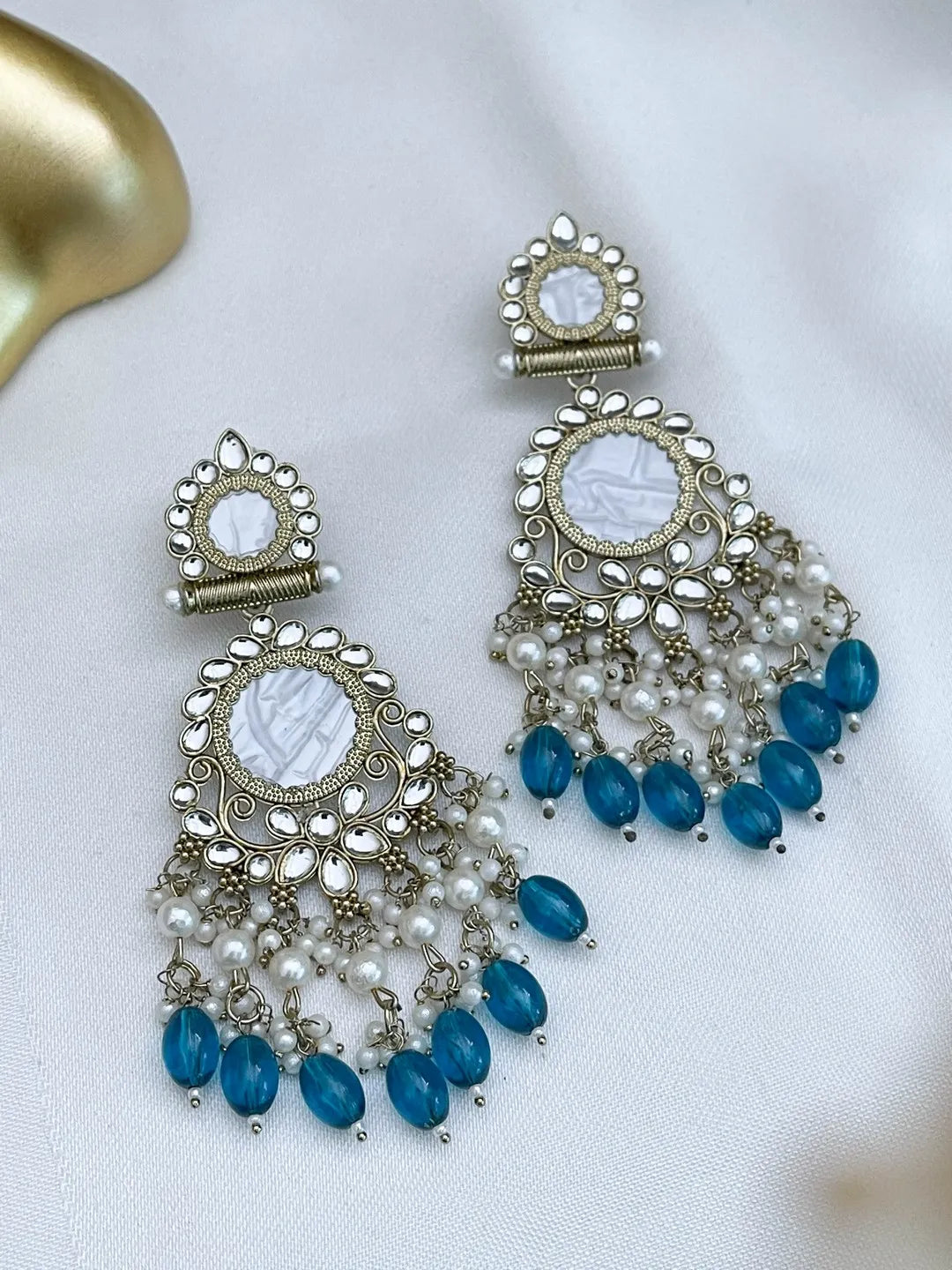 Ishhaara Blue Traditional Kundan And Pearl Drop Earrings