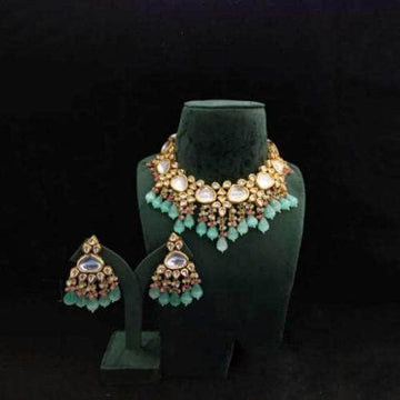 Ishhaara Blue Triangular Kundan Necklace And Earring Set With Monalisa Beads