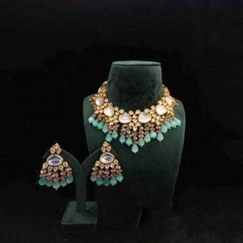 Ishhaara Triangular Kundan Necklace And Earring Set With Monalisa Beads