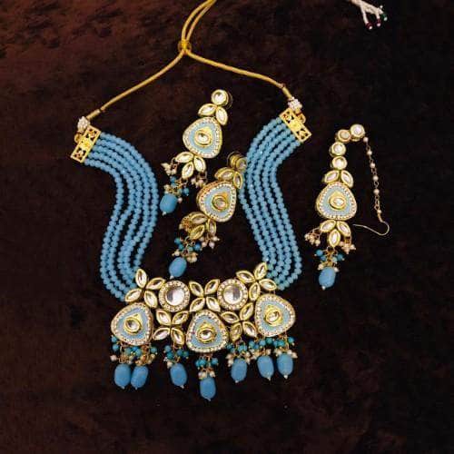 Ishhaara Blue Triangular Meenakundan Necklace Earring And Teeka Set