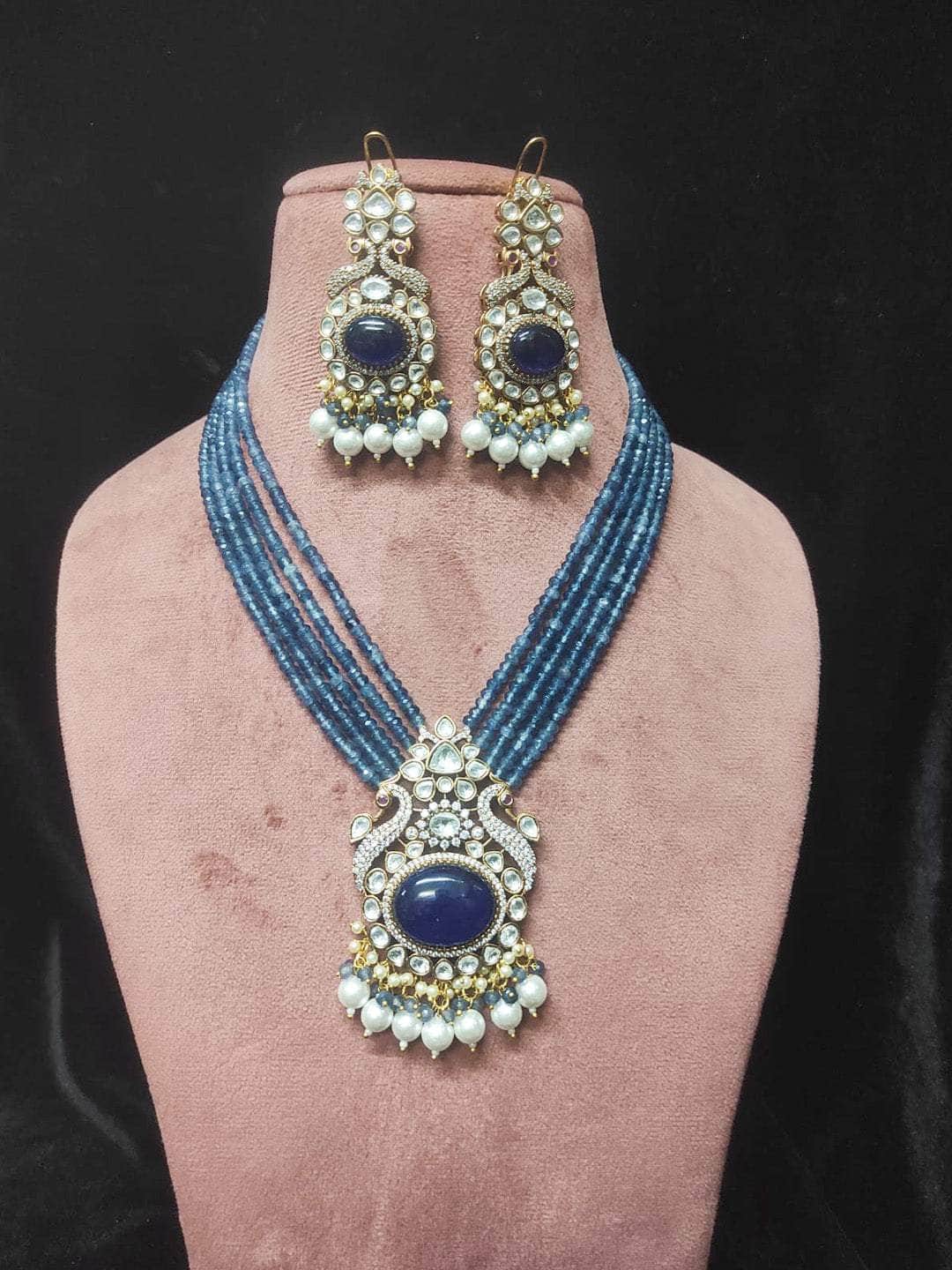 Ishhaara Blue Victorian Finish Long Peacock Design uncut Necklace Set