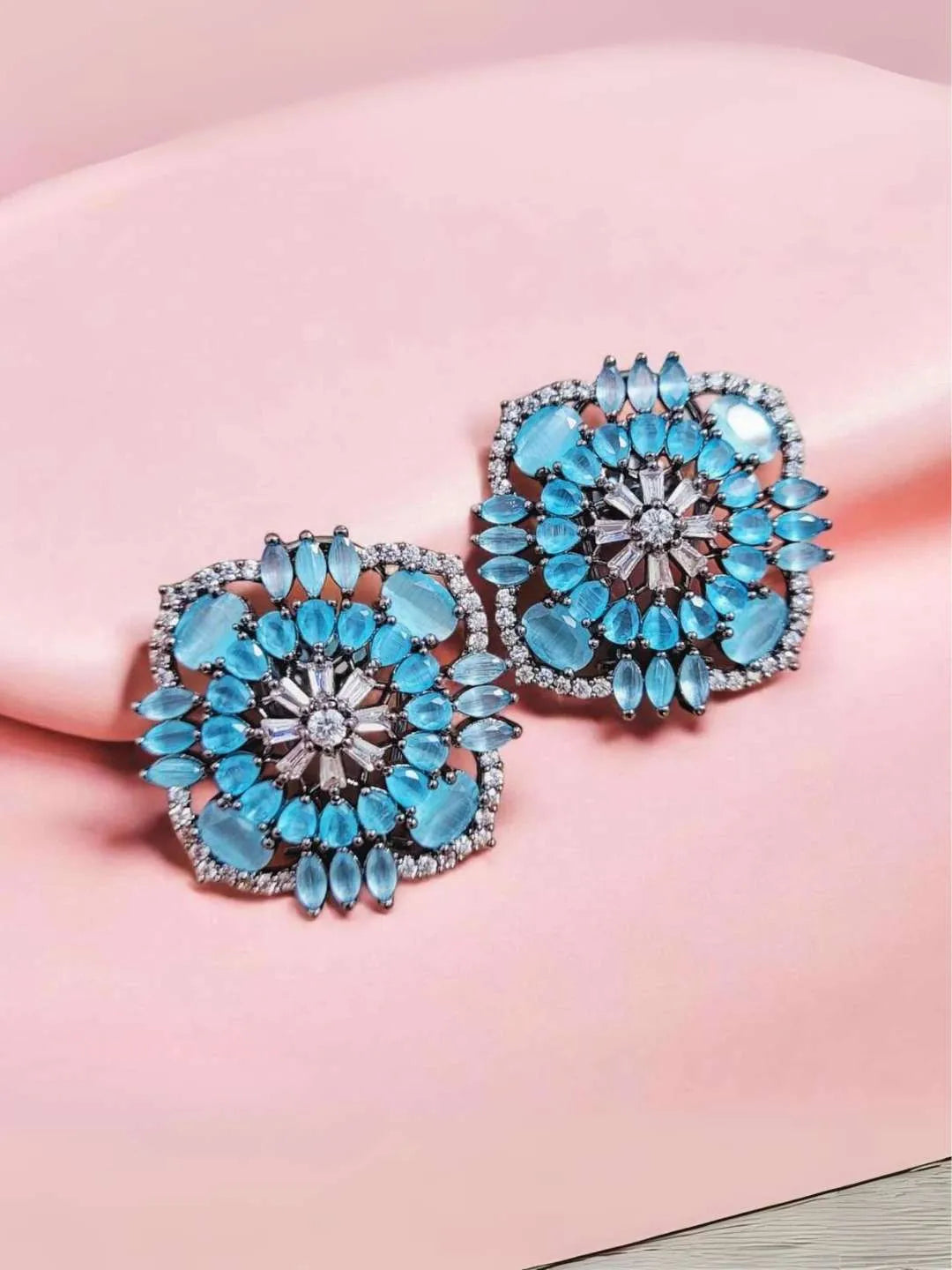 Ishhaara Blue Zircon Stone Studded Square Shaped Stud Earrings