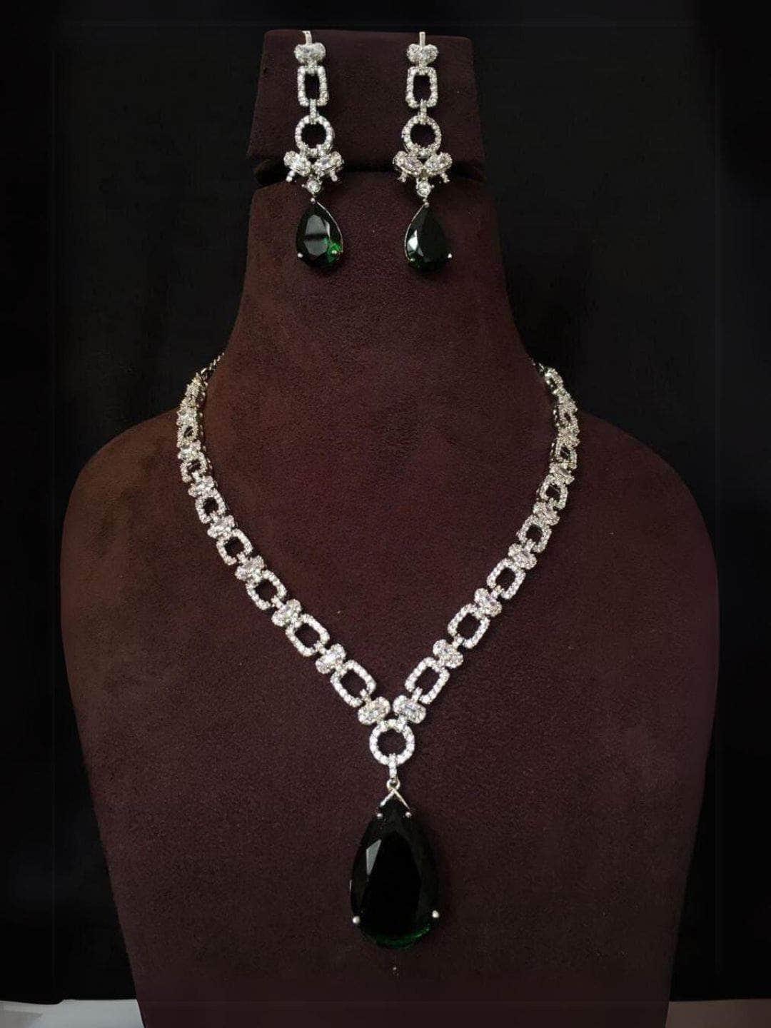 Ishhaara Bottle Green American Diamond Pendant Set