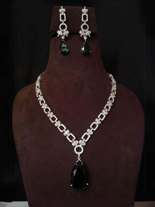 Ishhaara Bottle Green American Diamond Pendant Set