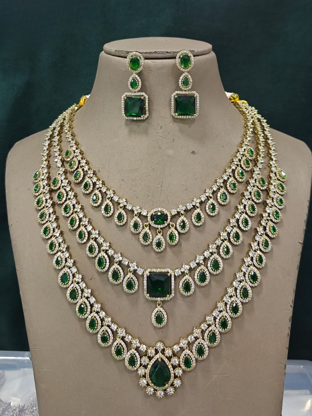 Ishhaara Bridal Emerald Green Stone Layered Necklace Set