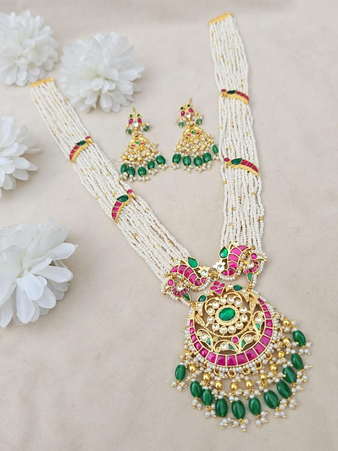 Ishhaara Bridal Peacock Pearl Multi-Strand Necklace & Jhumka Earring Set