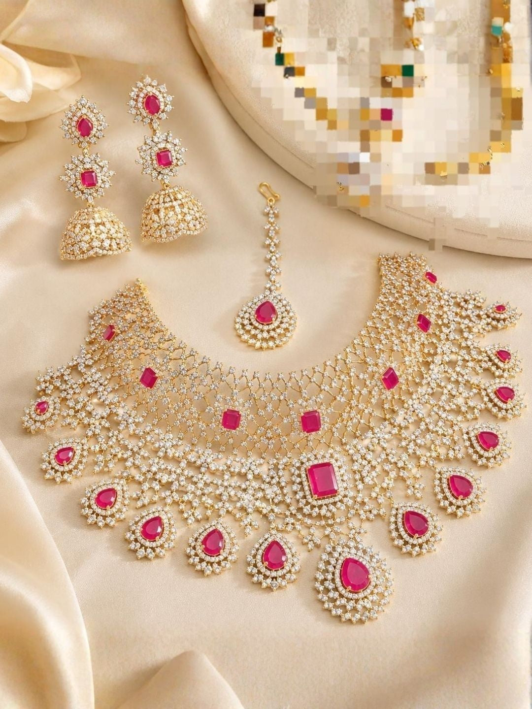 Bridal Pink Kundan Choker, Haar, Maang Tikka & Jhumka Set