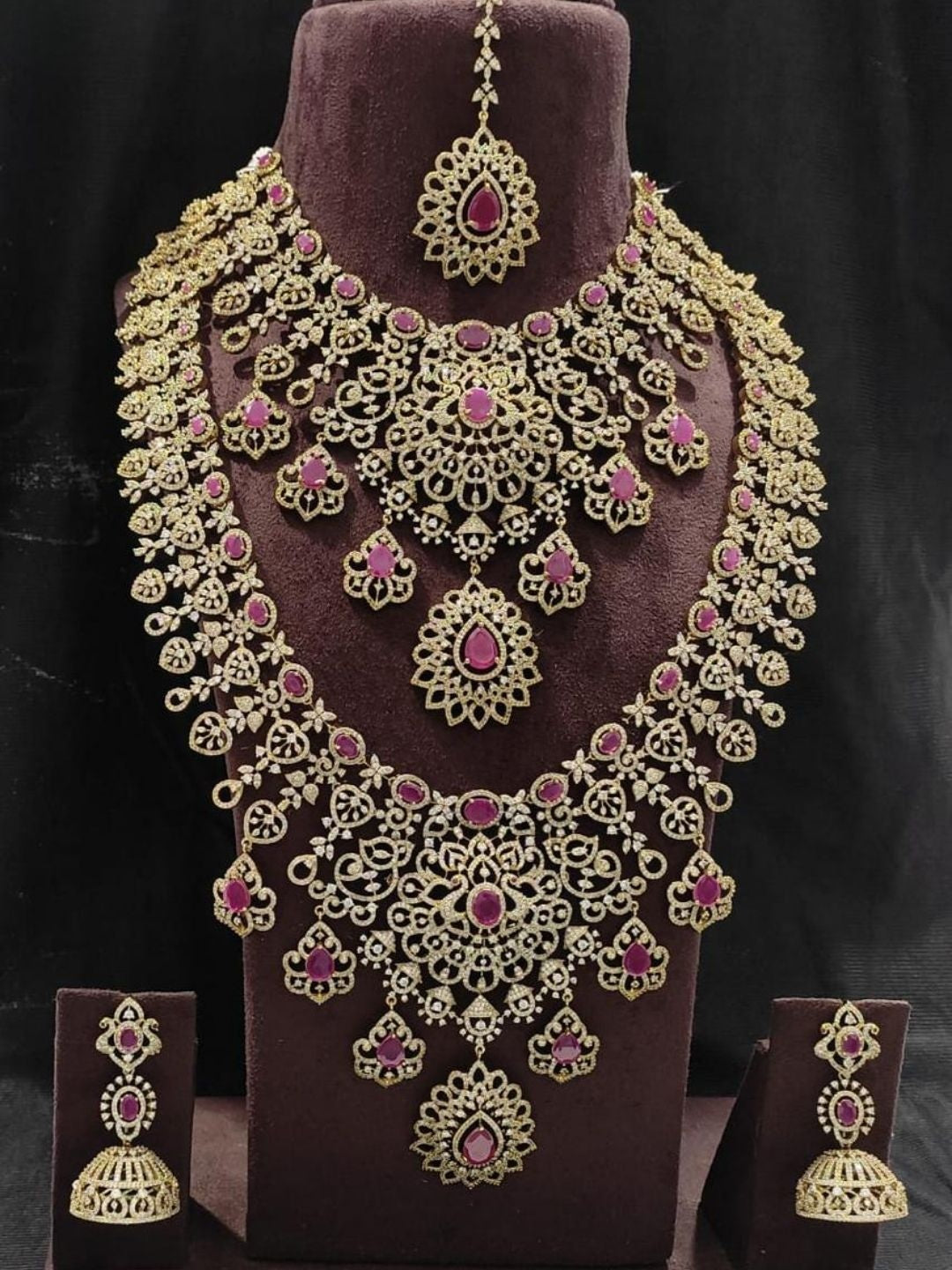 Bridal Ruby Kundan Necklace, Haar, Maang Tikka & Earring Set - view 2