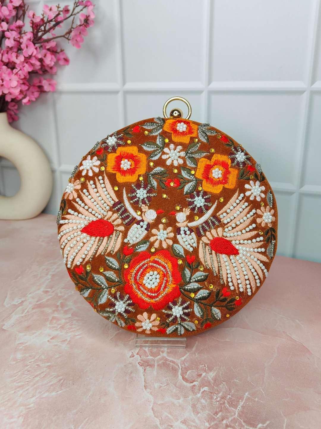 Ishhaara Brown Designer Embroidered Round Clutch