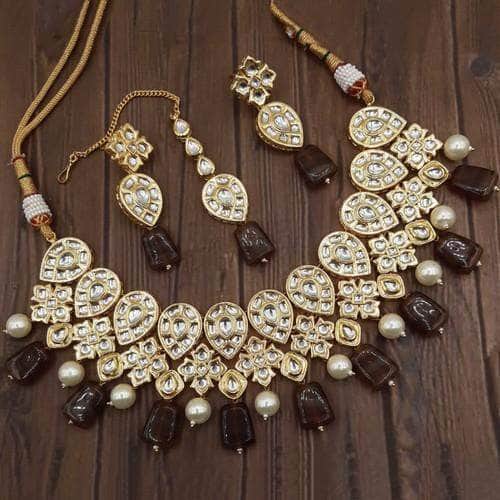 Ishhaara Brown Inverted Drop Moti Stone Jadau Necklace Set
