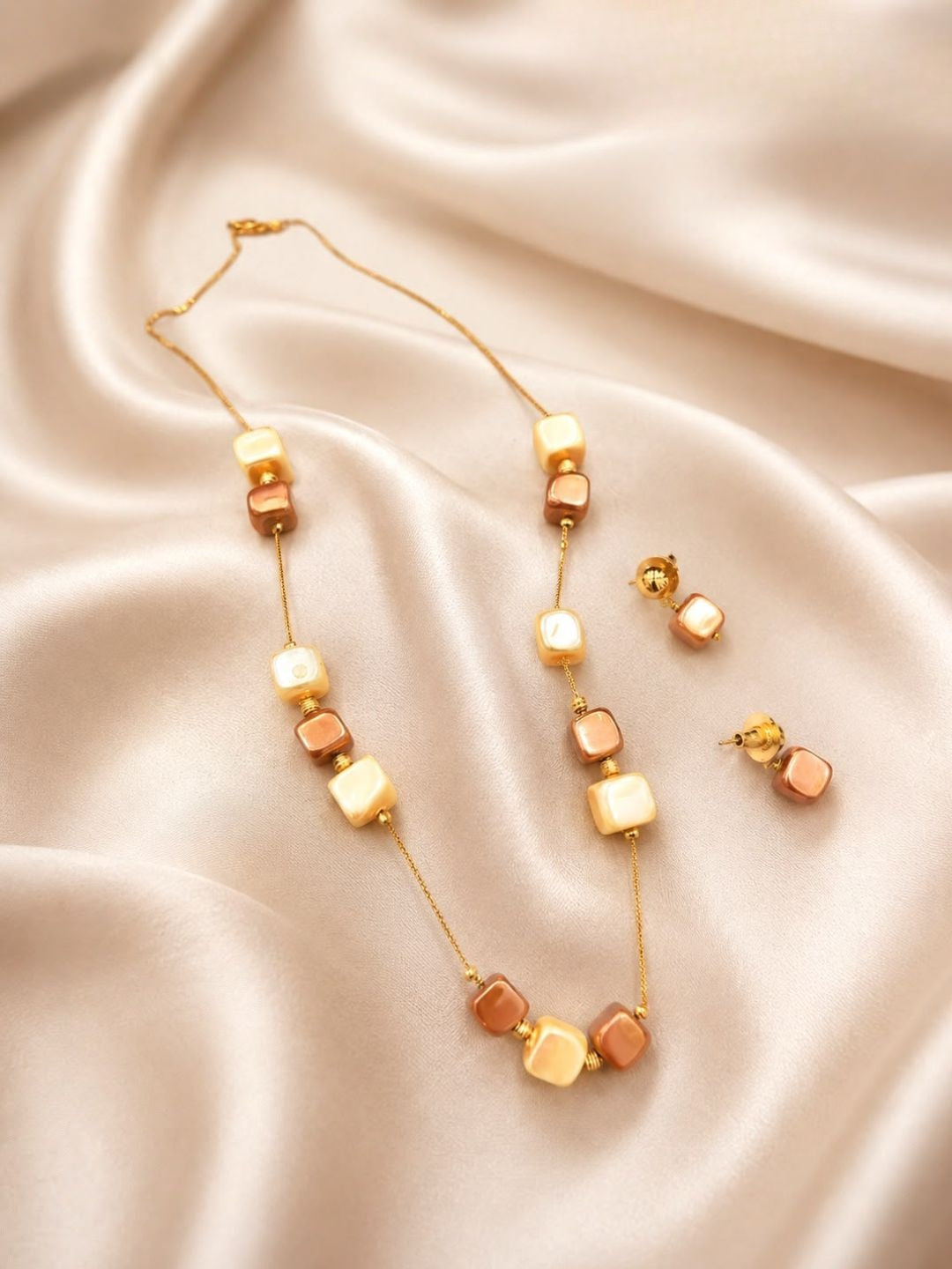 Ishhaara Brown & Ivory Cube Bead Necklace with Two Earring Pairs