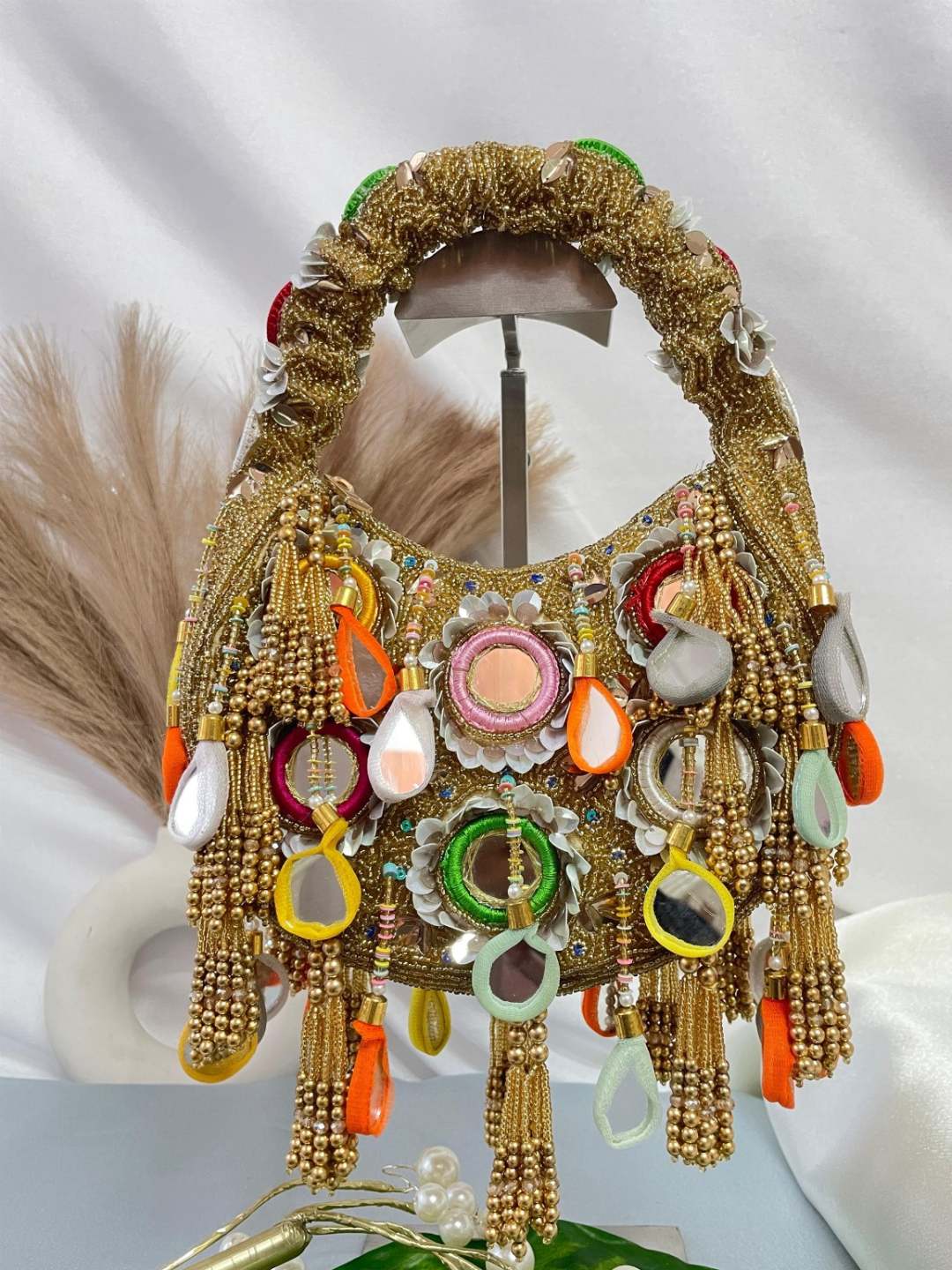 Ishhaara Brown Pearl Blossom Delight Clutch Moon Bag