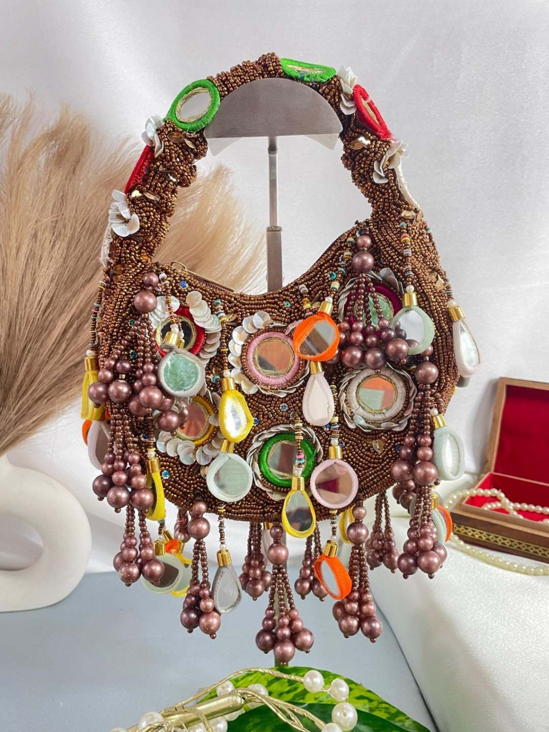 Ishhaara Brown Pearl Blossom Delight Clutch Moon Bag