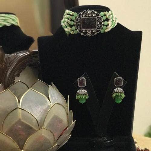 Ishhaara Brown Rectangular Carved Pearls Choker Necklace Set