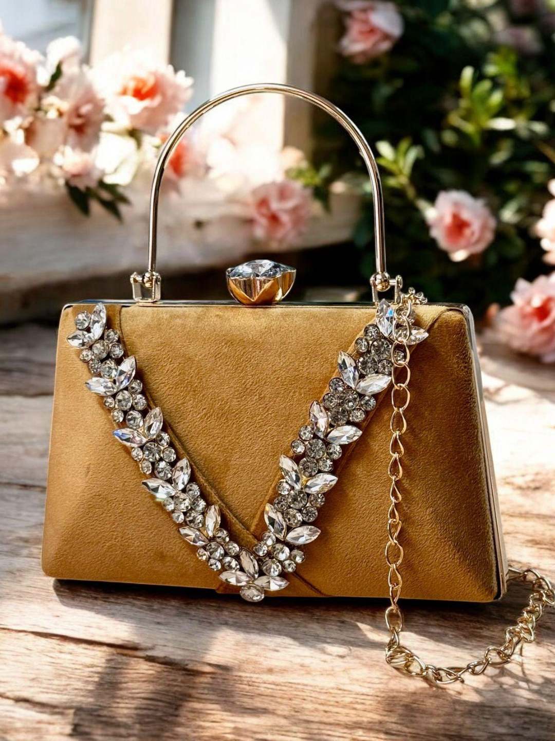Ishhaara Brown Stone Embellished Velvet Box Clutch