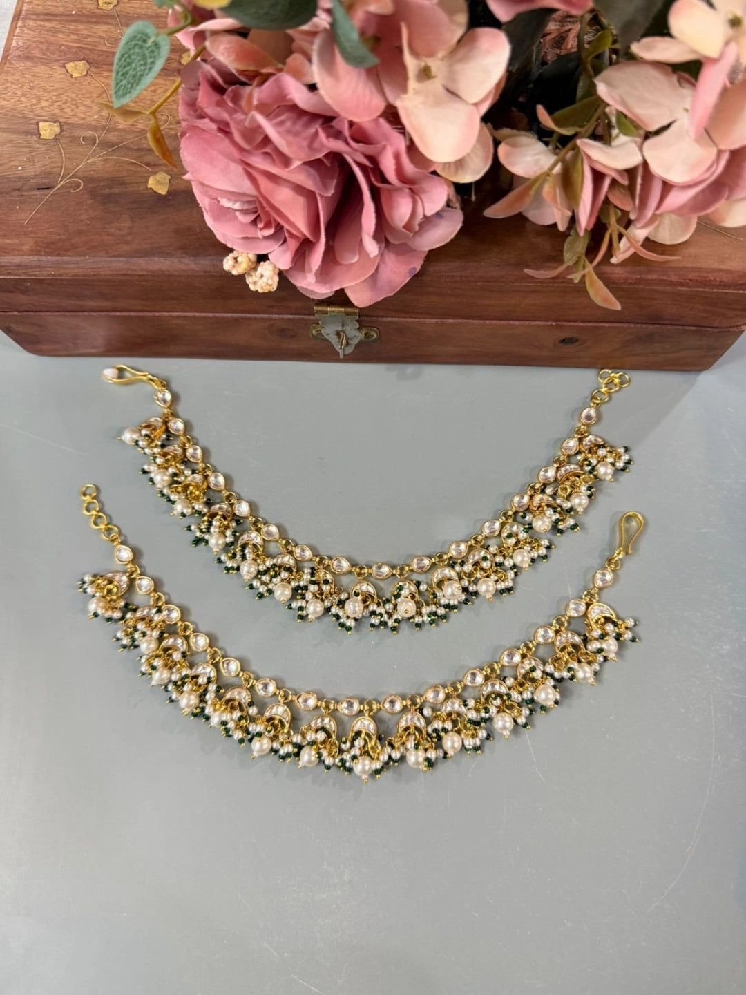Ishhaara Chand Shaped Pachi Kundan Studded Earchains