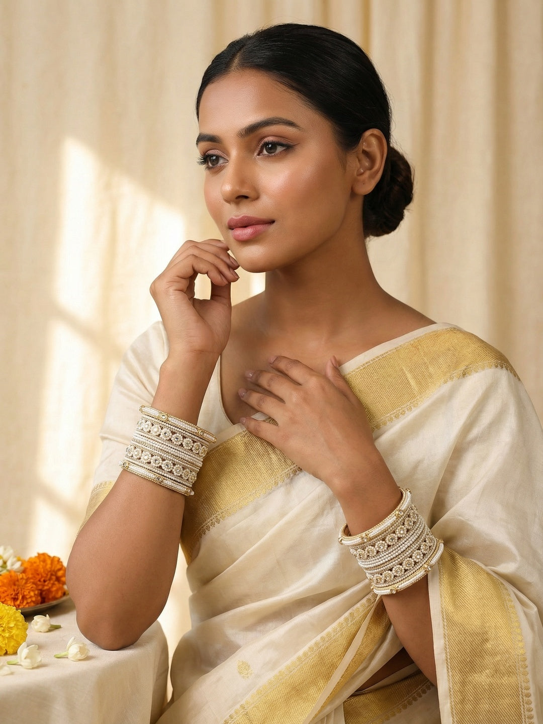 Ishhaara Classic Gold Border Saree - woman wearing traditional Indian saree with gold border