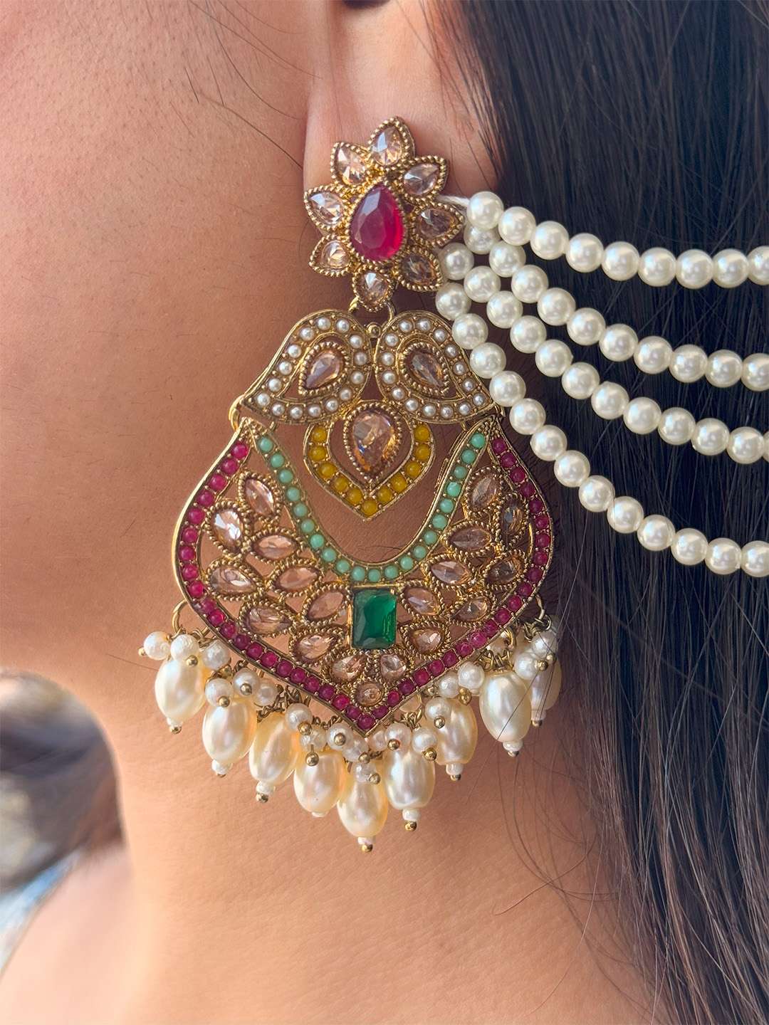 Ishhaara Colorful Chandbali Earrings With Chain And Teeka