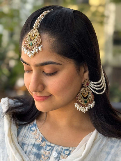 Ishhaara Colorful Chandbali Earrings With Chain And Teeka