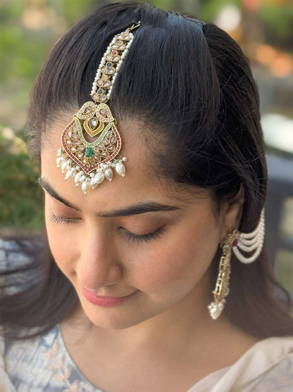 Ishhaara Colorful Chandbali Earrings With Chain And Teeka