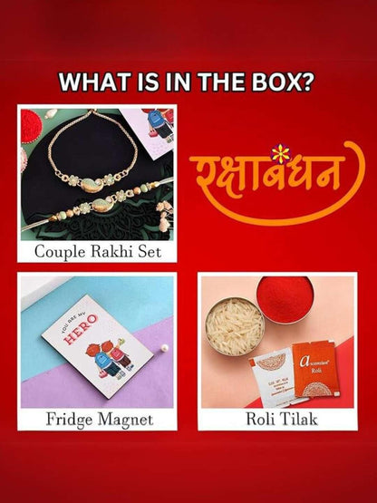 Ishhaara Couple Floral Rakhi With You Are My Hero Fridge Magnet & Roli Tilak