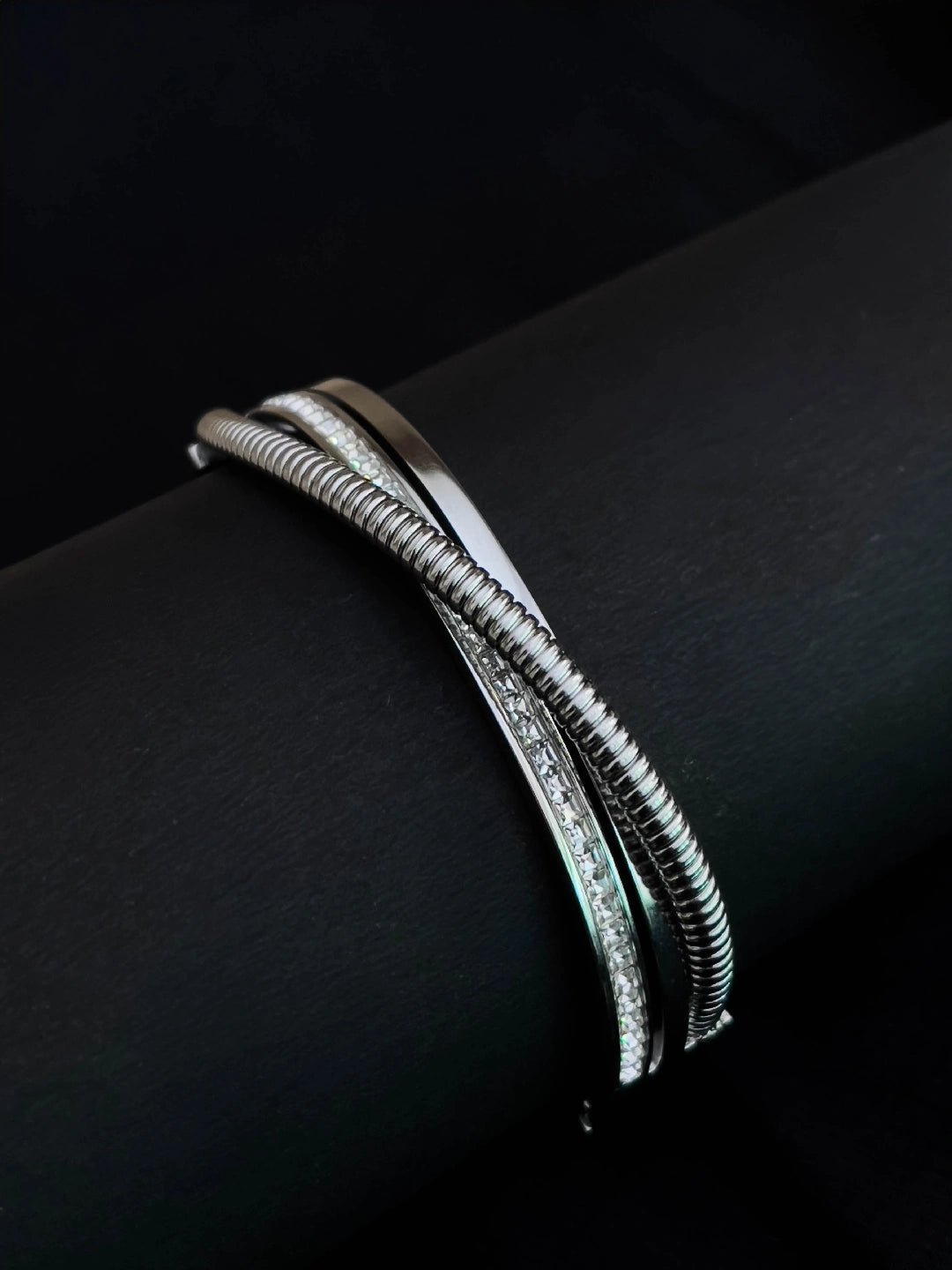 Ishhaara Crossed Rhinestone Stainless Steel Bangle