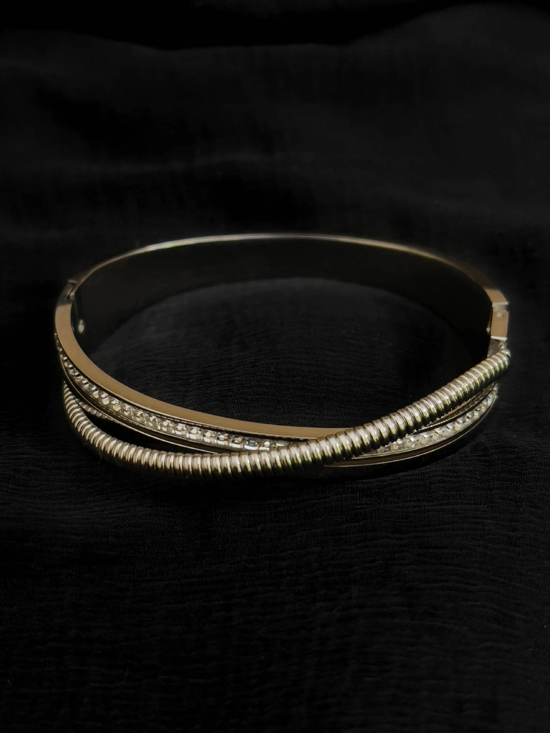 Ishhaara Crossed Rhinestone Stainless Steel Bangle