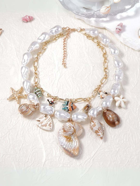 Ishhaara Crunchy Fashion Pearl Star And Shell Charm Necklace